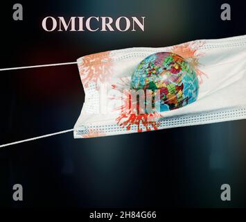 Kugel in einer chirurgischen Maske mit dem Zellvirus. Auf schwarzem Hintergrund. Stockfoto