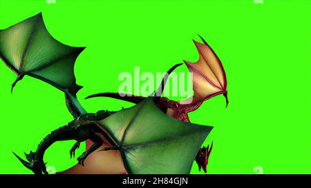3D Illustration - Drachen in Fliege auf grünem Bildschirm Stockfoto