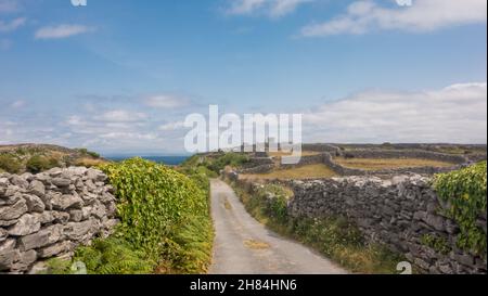 Eine ruhige Landstraße und Steinmauern auf Inisheer (Inis Oirr), der kleinsten der Aran-Inseln vor der Küste von Galway im Westen Irlands. Stockfoto