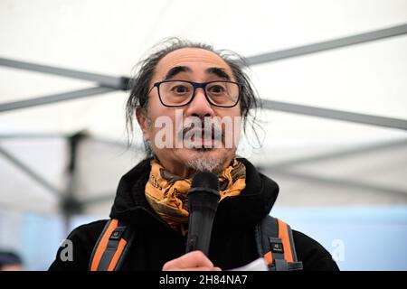 Sprecher Bobby Chan Rally, No to New Cold war - Stop Racism - Stop Asian Hate, Chinatown London am 27th. November 2021. Stockfoto