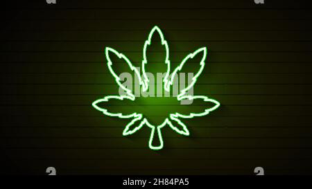 Medizinisches Cannabis-Logo mit Marihuana-Blatt leuchtendem Neon Light Style Green auf dunklem Ziegelsteinwand-Hintergrund - Stock Vektor