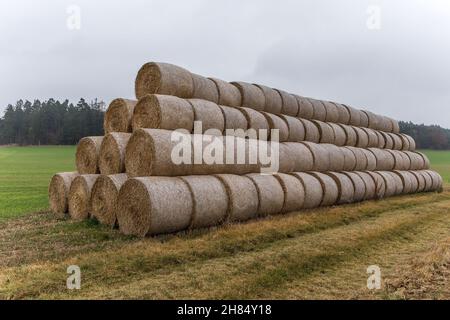 Eine Gruppe von gerollten Strohballen, die in einer Pyramidenform gestapelt sind, stapelt sich im Freien in der Tschechischen Republik. Viehfutter. Herbstnebeliger Tag. Stockfoto