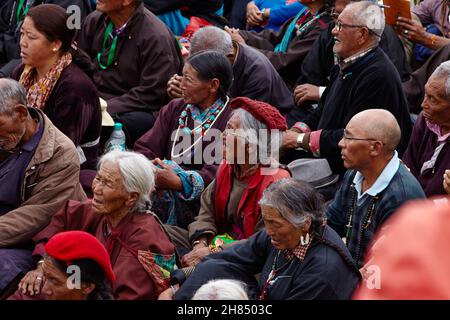 Disket, Nubra Valley. Indien. 13. Juli 2017. Seine Heiligkeit, der Dalai Lama, 14, hat drei Tage lang über Kamalashilas „Phasen der Meditation“ gelehrt. Stockfoto