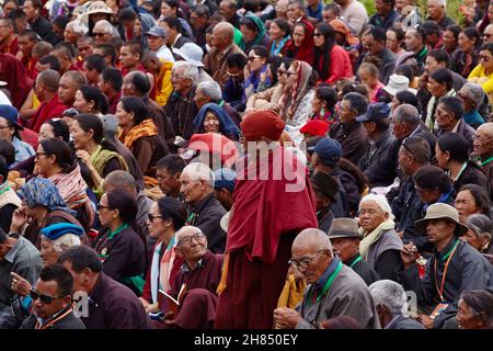 Disket, Nubra Valley. Indien. 13. Juli 2017. Seine Heiligkeit, der Dalai Lama, 14, hat drei Tage lang über Kamalashilas „Phasen der Meditation“ gelehrt. Stockfoto