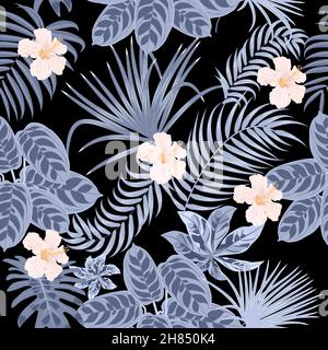 Nahtloses Muster mit silbernen tropischen Palmenblättern und Blumen auf schwarzem Hintergrund. Florale dekorative Illustration Vektor, für Druck-Design Stock Vektor