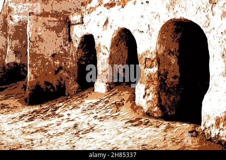 Illustration, verlassene Landschaft des Planeten Tatooine für die Dreharbeiten zu Star Wars in der Sahara Stockfoto