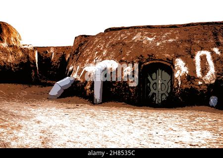 Abbildung. Tunesien. Verlassene Landschaft des Planeten Tatooine für die Dreharbeiten zu Star Wars in der Sahara Stockfoto