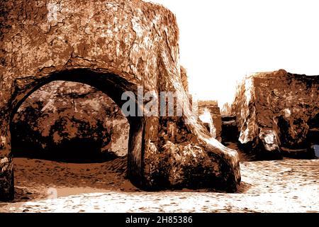 Abbildung. Tunesien. Verlassene Landschaft des Planeten Tatooine für die Dreharbeiten zu Star Wars in der Sahara Stockfoto