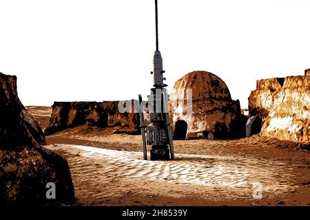 Illustration verlassene Landschaft des Planeten Tatooine für die Dreharbeiten zu Star Wars in der Sahara. Stockfoto