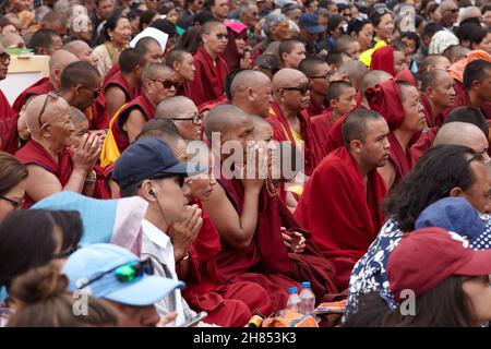 Disket, Nubra Valley. Indien. 13. Juli 2017. Seine Heiligkeit, der Dalai Lama, 14, hat drei Tage lang über Kamalashilas „Phasen der Meditation“ gelehrt. Stockfoto