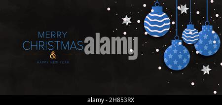 Frohe Weihnachten und Neujahrsgrüße Banner, Grußkarte, Poster, Weihnachten Dekorative Kugeln hängenden Hintergrund. Stock Vektor