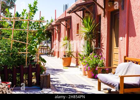 Farbenprächtiges Wohnen, Veranda des Roten Hauses mit Palme, Stockfoto