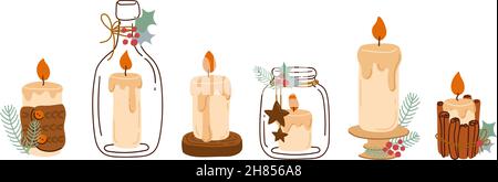 Winter-Set von Kerzen mit Weihnachtsdekor. Vektorgrafik in flacher Form auf weißem Hintergrund Stock Vektor