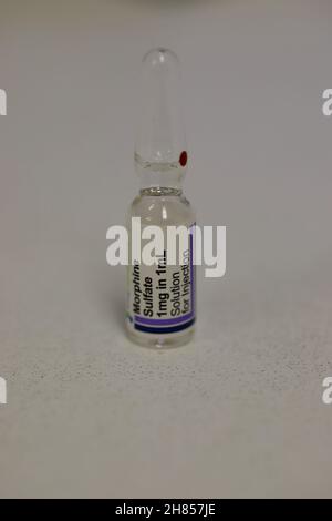 Eine Glaspampulle aus Morphinsulfatlösung, die 1mg in 1ml Konservierungsmittel enthält und frei für die intrathekale (spinale Epidurallösung) Verwendung ist Stockfoto