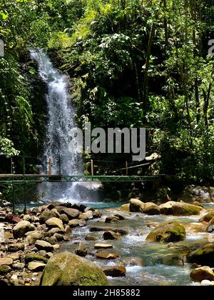 Faszinierender Blick auf eine Brücke über das Flusswasser mit Wasserfall-Hintergrund inmitten dichter Vegetation Stockfoto