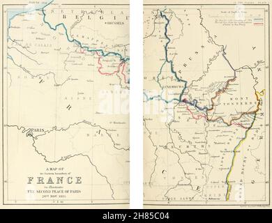 Eine Karte der östlichen Grenze Frankreichs zur Illustration des Zweiten Friedens von Paris am 20th. November 1815 Stockfoto