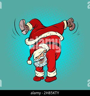 Weihnachtsmann tanzt, Handstand. Weihnachten und Neujahr. Winterurlaub in der Saison Stock Vektor