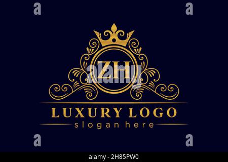 ZH Initial Letter Gold kalligraphisch feminin floral handgezeichnet heraldisch Monogramm antiker Vintage-Stil Luxus-Logo-Design Premium Stock Vektor