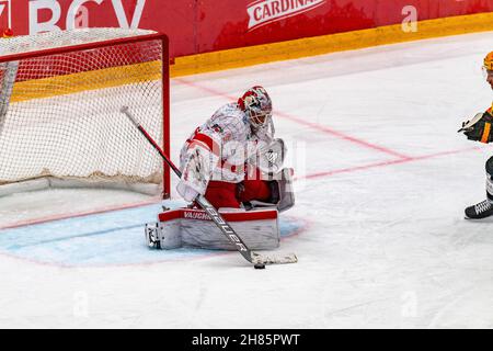 Lausanne, Vaudoise Arena, Schweiz. 27th. November 2021. Lausanne Schweiz, 11/27/2021: Luca Boltshauser (Torwart) vom Lausanner HC (29) ist während des Spiels der Schweizer Nationalliga 2021-2022 mit dem Lausanne HC und dem SC Bern 29th im Einsatz (Bildnachweis: © Eric Dubost/Pacific Press via ZUMA Press Wire) Stockfoto