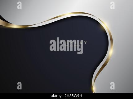 Abstrakte elegante weiße geschwungene Form mit glänzenden goldenen Bändchen Linien auf dunkelblauem Hintergrund Luxus-Stil. Vektorgrafik Stock Vektor