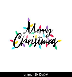 Fröhliche Weihnachtsschrift mit Glühbirnen-Dekoration auf Buchstaben. Stock Vektor