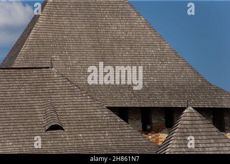 Alte mittelalterliche Burg vor der Kulisse eines grünen Feldes im Sommer Stockfoto