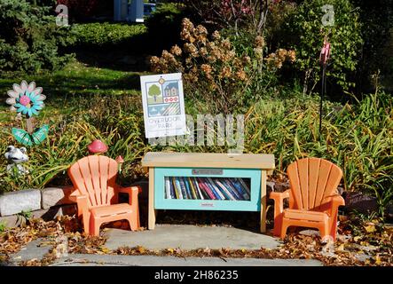 Mini Street Library auf dem Bürgersteig der Lake Avenue in Lakewood, Ohio Stockfoto