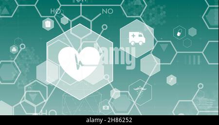 Digitales Bild von chemischen Strukturen und mehreren medizinischen Symbolen vor grünem Hintergrund Stockfoto