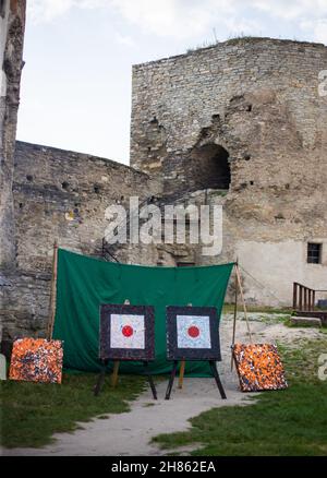 Viele mittelalterliche Pfeile treffen das Ziel Stockfoto