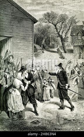 Goffe-Rallye-Männer von Hadley: Der Legende nach hat ein indischer Angriff im September 1675 die Stadt Hadley in Massachusetts getroffen, während die Einwohner anbeten. Als der Alarm ausgelöst wurde, packten Männer ihre Waffen und rannten aus, um den Angriff zu treffen. Völlig unorganisiert, verwirrt und ängstlich, viele von ihnen unbewaffnet, waren die Siedler von Hadley in keiner Weise bereit, sich zu verteidigen. Die völlige Vernichtung der Stadt schien unmittelbar bevorstehend. Inmitten dieses Chaos erschien ein älterer Mann, der ein altes Schwert trug. Er stellte sich kühl das Kommando, sammelte die Siedler und unterwies schnell Stockfoto