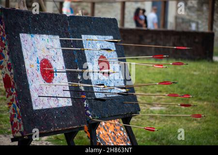 Viele mittelalterliche Pfeile treffen das Ziel Stockfoto