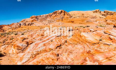 Farbenfrohe Slick Rock Formationen in der Nähe der Upper Fire Canyon Wash, Valley of Fire State Park, Nevada, USA Stockfoto