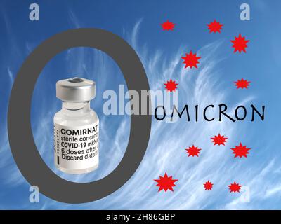 Omicron-Symbol mit BioNTech Pfizer-Impfstoff Stockfoto