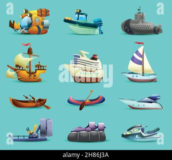 Schiffe und Boote realistische Symbole mit Motorboot U-Boot und gesetzt yacht auf blauem Hintergrund isoliert Vektor-Illustration Stock Vektor