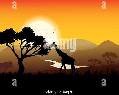 Afrikanisches Landschaftsposter mit Akazienbaum Giraffe und Sonnenuntergang Vektordarstellung im Hintergrund Stock Vektor