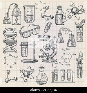 Chemie-Symbol in Doodle-Stil mit Brenner Kolben dna-Struktur Und Formeln von organischen Substanzen isoliert Vektor Illustration Stock Vektor