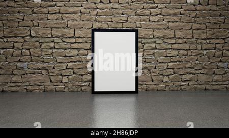 Poster Mockup - Weißer leerer Rahmen an einer Ziegelwand. 3D Rendern Stockfoto