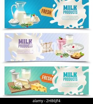 Molkereiprodukte horizontale Banner mit Milch und Eis gesetzt Cartoon isolierte Vektor-Illustration Stock Vektor