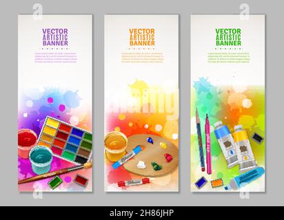Helle bunte Sammlung von vertikalen künstlerischen Banner mit Aquarell Gouache Und Pastellfarben Pinsel Marker und Bleistift Vektor Illustration Stock Vektor