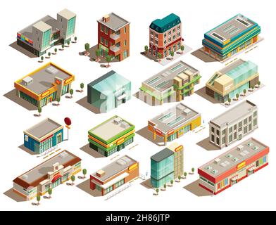 Moderne städtische Ladengebäude verschiedener Stile isometrische Ikonen gesetzt Isoliert auf weißem Hintergrund Vektorgrafik Stock Vektor