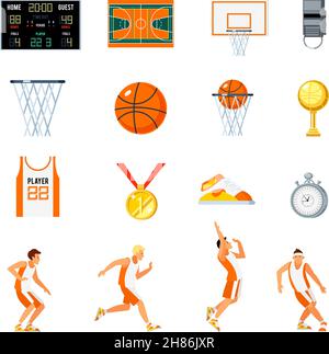 Basketball orthogonale Symbole mit Spielern Trophäen Whistle Stoppuhr Backboard gesetzt court und Sport Uniform isoliert Vektor Illustration Stock Vektor