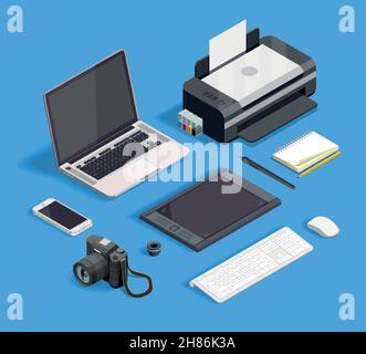 Isometrischer Satz von Werkzeugen für Grafikdesign isoliert auf blau Hintergrund 3D Vektorgrafik Stock Vektor