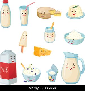 Set von Milchprodukten mit Lächeln einschließlich Käse Quark Joghurt Eis Cartoon Stil isoliert Vektor Illustration Stock Vektor