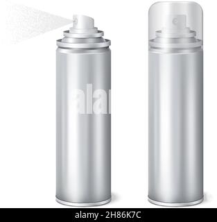 Aluminium Aerosol 2 glänzend realistische Mockup Dosen Vorlagen mit gesetzt Kappe auf und entfernt Sprüh-Vektor-Illustration Stock Vektor