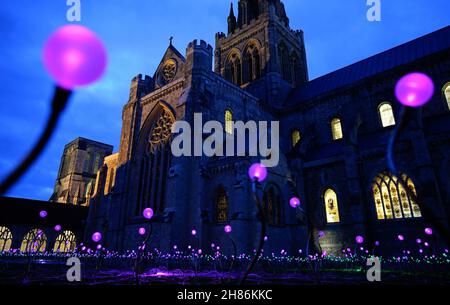 Im Kreuzgang der Chichester Cathedral werden 1.000 Leuchtenstämme mit wechselnden Farben als Teil einer immersiven Kunstinstallation des britischen Künstlers Bruce Munro mit dem Titel „Field of Blooms“ ausgestellt. Bilddatum: Samstag, 27. November 2021. Stockfoto