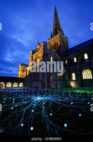 Im Kreuzgang der Chichester Cathedral werden 1.000 Leuchtenstämme mit wechselnden Farben als Teil einer immersiven Kunstinstallation des britischen Künstlers Bruce Munro mit dem Titel „Field of Blooms“ ausgestellt. Bilddatum: Samstag, 27. November 2021. Stockfoto