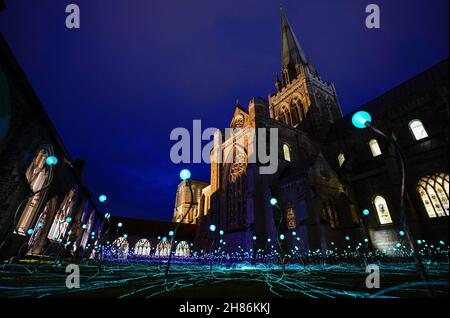 Im Kreuzgang der Chichester Cathedral werden 1.000 Leuchtenstämme mit wechselnden Farben als Teil einer immersiven Kunstinstallation des britischen Künstlers Bruce Munro mit dem Titel „Field of Blooms“ ausgestellt. Bilddatum: Samstag, 27. November 2021. Stockfoto