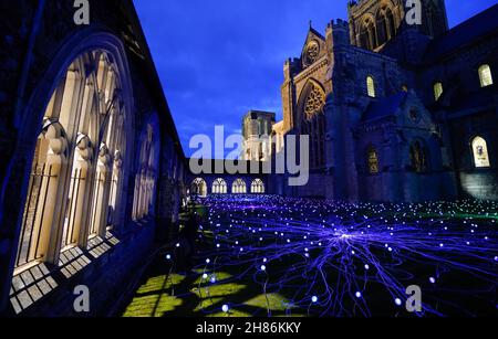 Im Kreuzgang der Chichester Cathedral werden 1.000 Leuchtenstämme mit wechselnden Farben als Teil einer immersiven Kunstinstallation des britischen Künstlers Bruce Munro mit dem Titel „Field of Blooms“ ausgestellt. Bilddatum: Samstag, 27. November 2021. Stockfoto