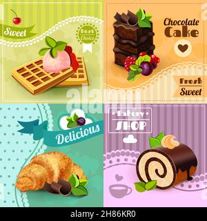 Bäckereidesign-Konzept-Set mit süßen Schokoladenkuchen Waffeln Croissant Symbole isolierte Vektordarstellung Stock Vektor