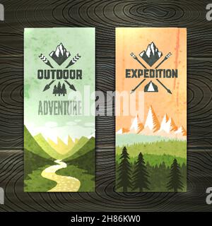 Tourismus Wanderurlaub Waldlandschaft mit Berggipfeln und zwei Vertikale Banner setzen abstrakte isolierte Vektor-Illustration Stock Vektor